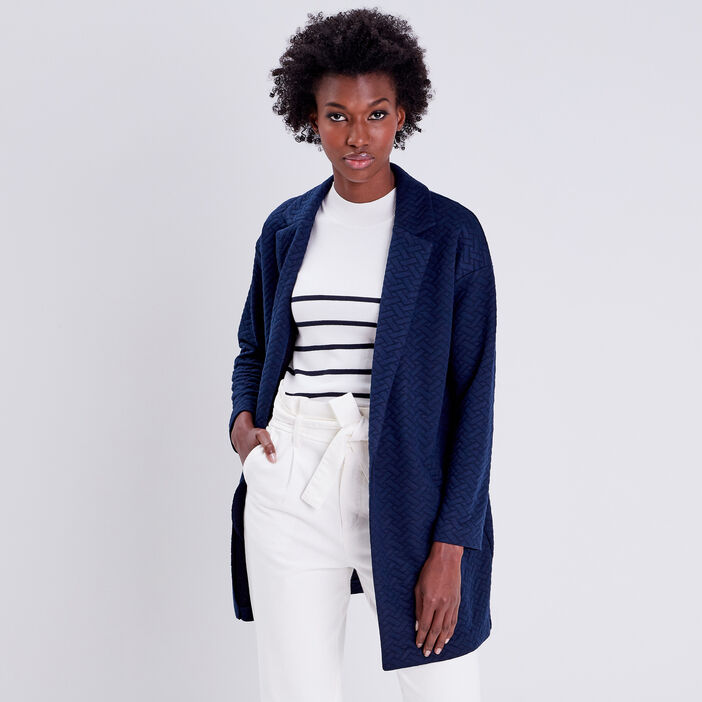 Manteau droit manches longues bleu marine femme