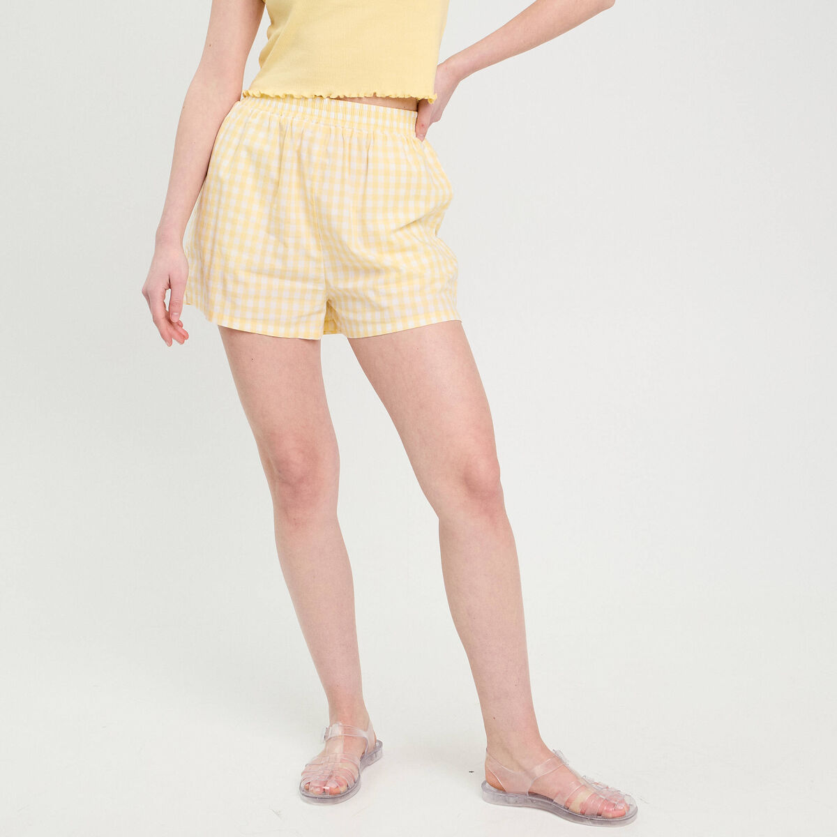 Short droit taille élastiquée jaune femme