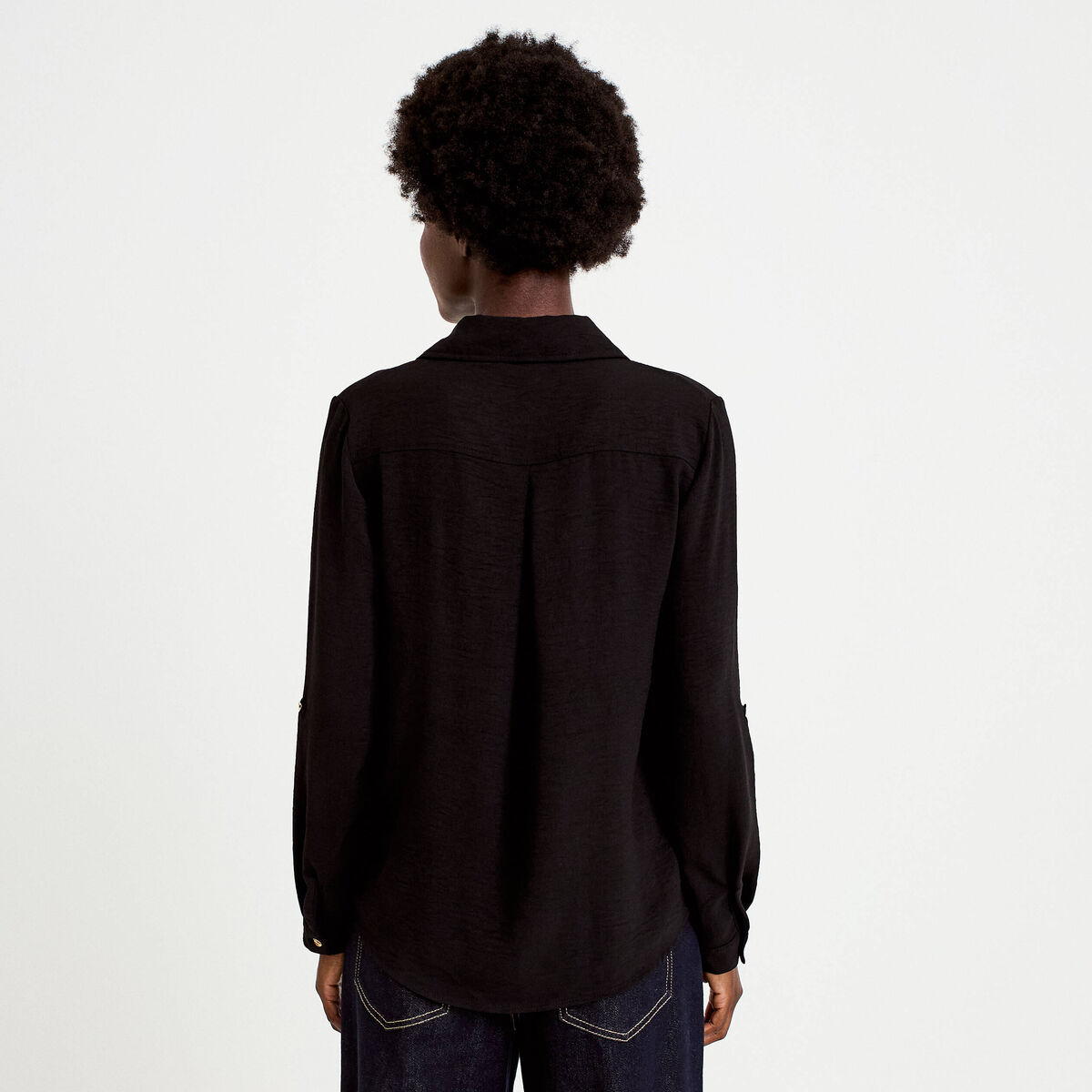 Chemise droite pliss&eacute;e manches longues noir femme