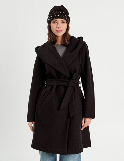 Manteau ceinturé à capuche noir femme