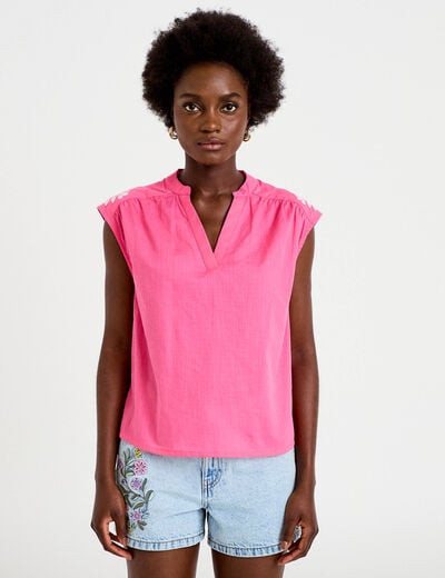 Blouse droite sans manches col v rose fushia femme