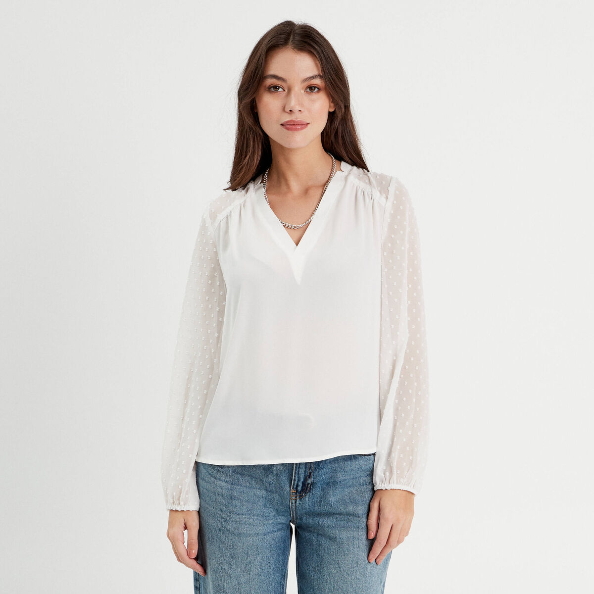 Blouse manches plumetis ecru femme
