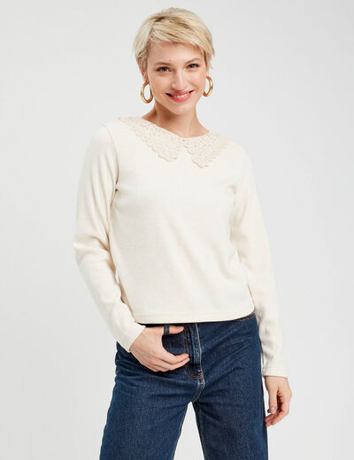 T-shirt col claudine macramé ecru femme