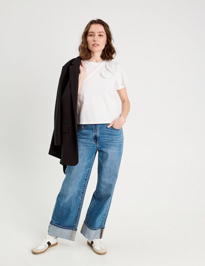 T-shirt détails fleurs blanc femme