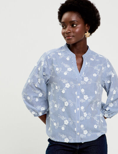 Blouse brod&eacute;e col mao manches 3/4 blanc femme