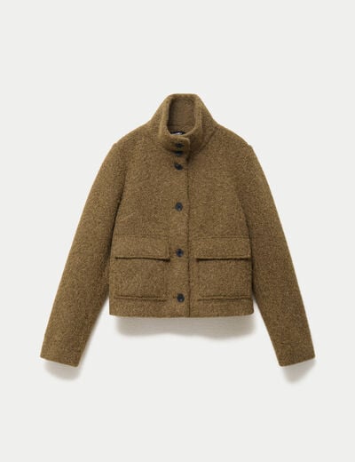 Veste droite bouclette col montant vert kaki femme
