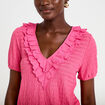 Blouse pliss&eacute;e col v manches courtes rose fushia femme