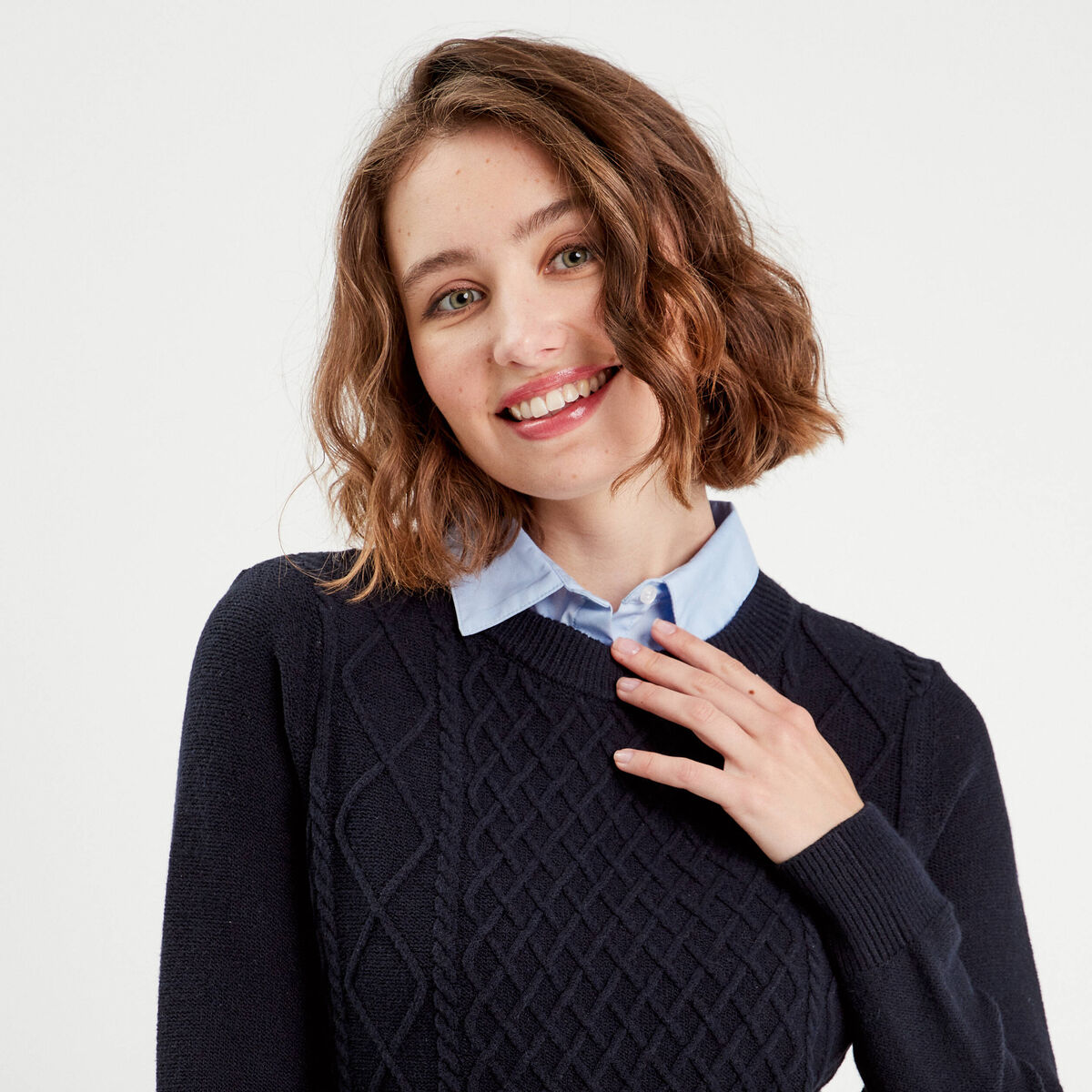 Pull chemise 2-en-1 bleu marine femme