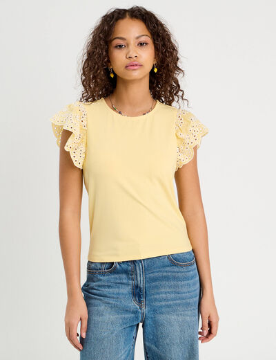 T-shirt manches brodées jaune clair femme