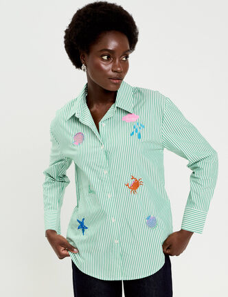 Chemise ray&eacute;e broderies fantaisie vert clair femme