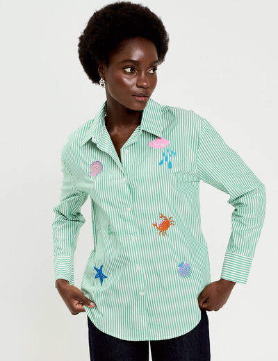 Chemise ray&eacute;e broderies fantaisie vert clair femme