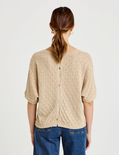 Pull ajour&eacute; col v manches courtes beige femme