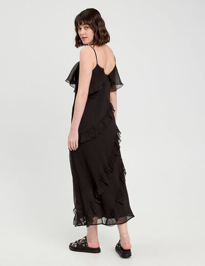 Robe longue droite volants noir femme