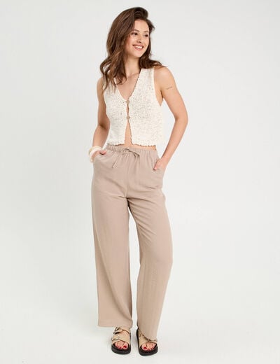 Pantalon large fluide beige femme