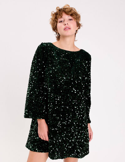 Robe &agrave; sequins dos nou&eacute; vert fonc&eacute; femme
