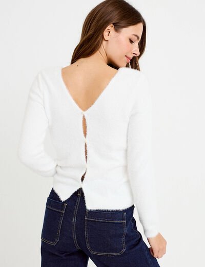 Pull col v manches longues perles ecru femme