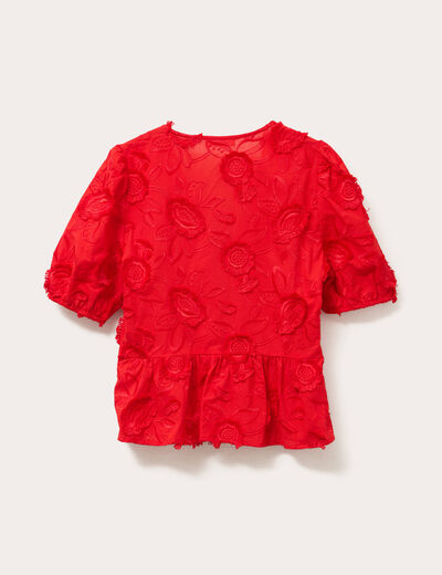 Blouse manches courtes noeuds rouge fluo femme