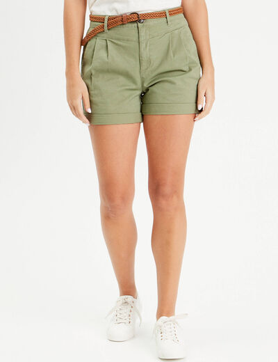 Short chino ceinturé vert kaki femme