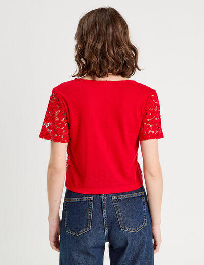 T-shirt noué dentelle guipure rouge femme