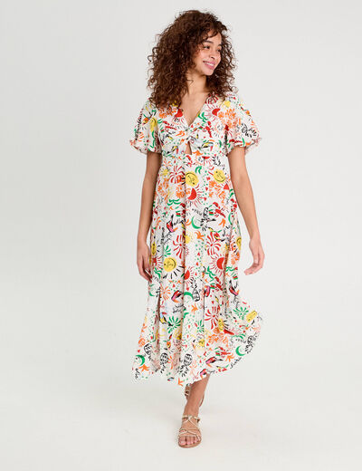 Robe longue évasée col twisté blanc femme