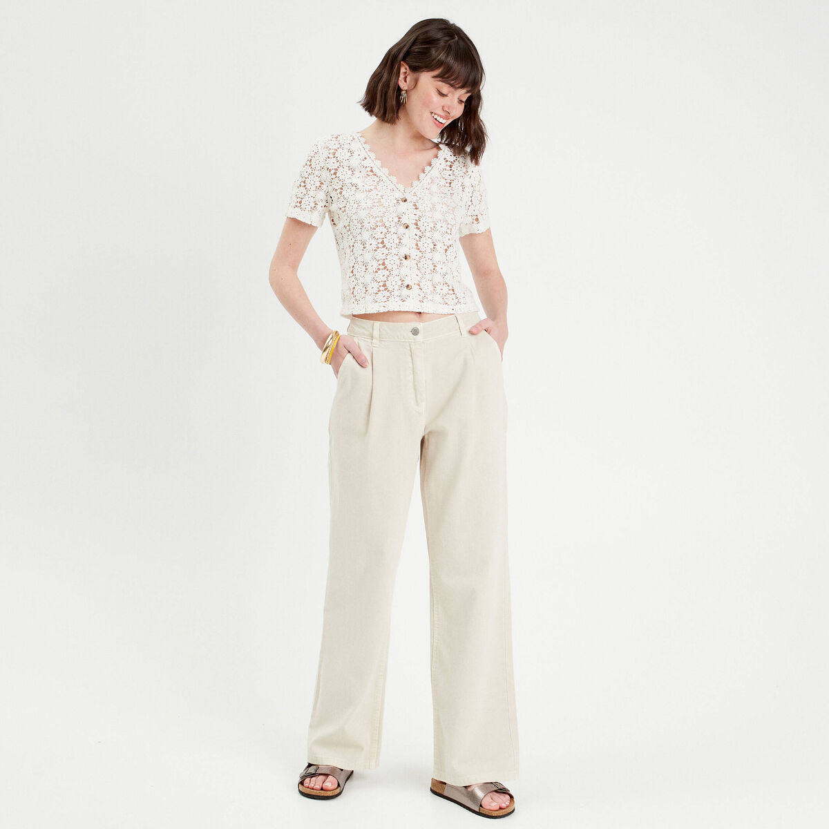 Top macramé boutonné ecru femme