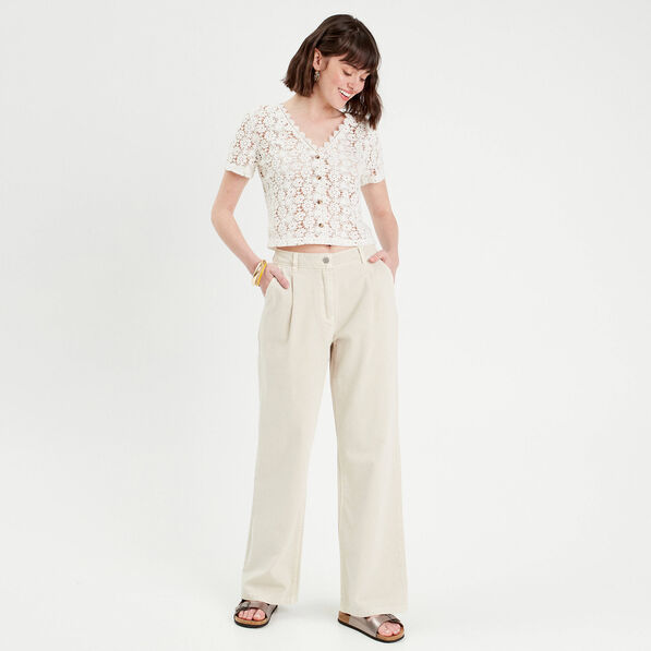 Top macramé boutonné ecru femme