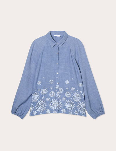 Blouse manches longues brodée bleu femme