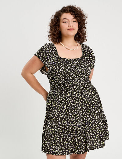 Robe évasée manches courtes noir femme