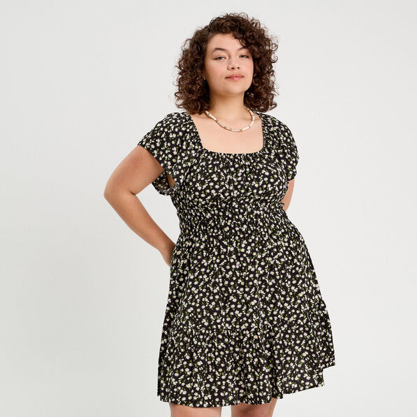 Robe évasée manches courtes noir femme
