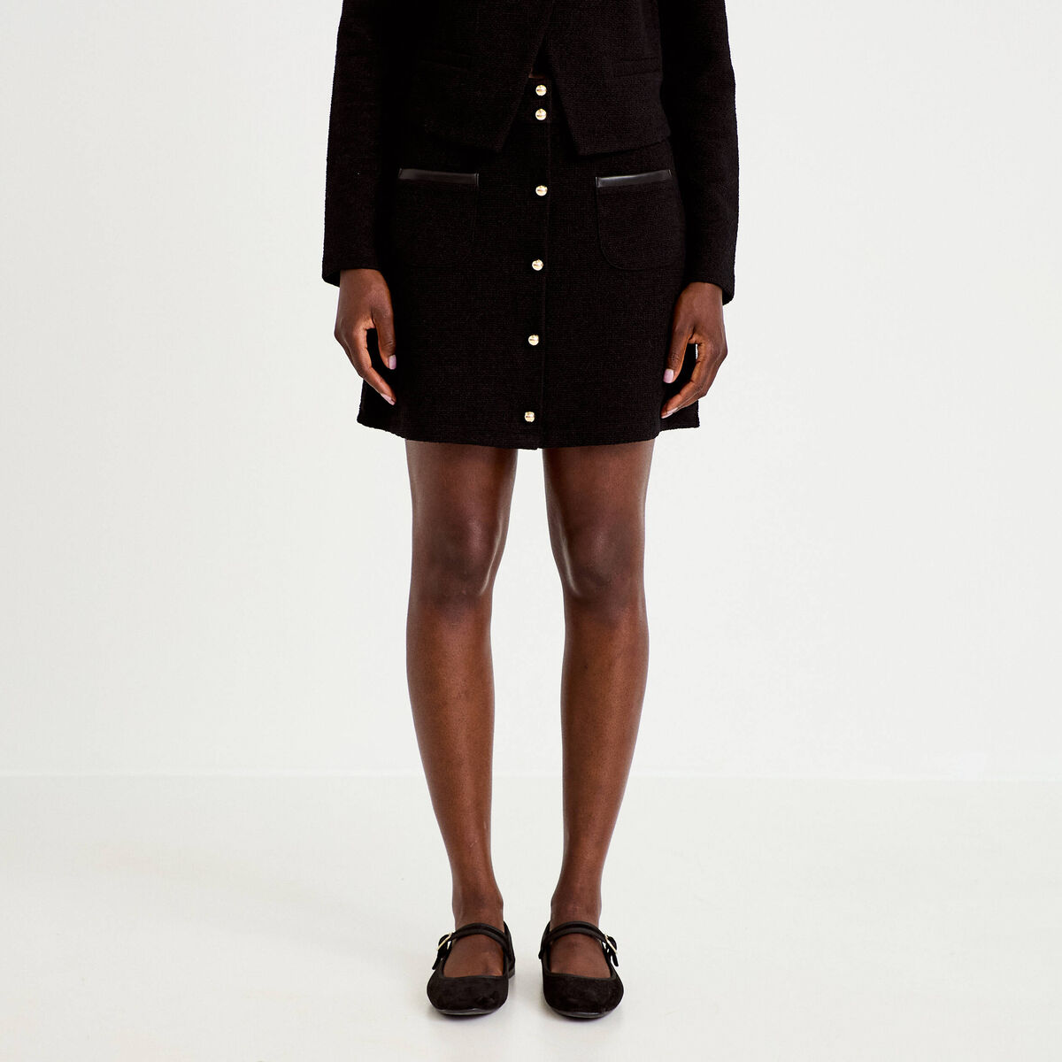 Jupe-short trap&egrave;ze en maille noir femme