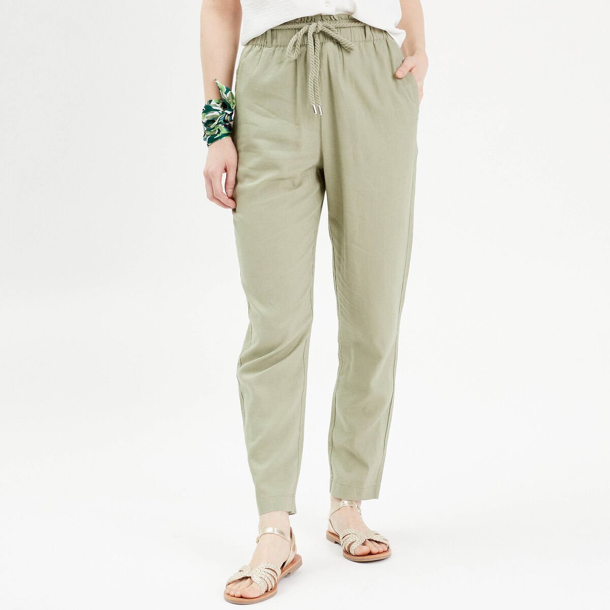 Pantalon droit fluide contenant du lin vert kaki femme