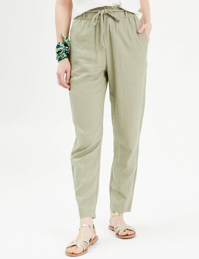 Pantalon droit fluide contenant du lin vert kaki femme