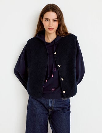 Gilet sans manches effet polaire col v bleu marine femme