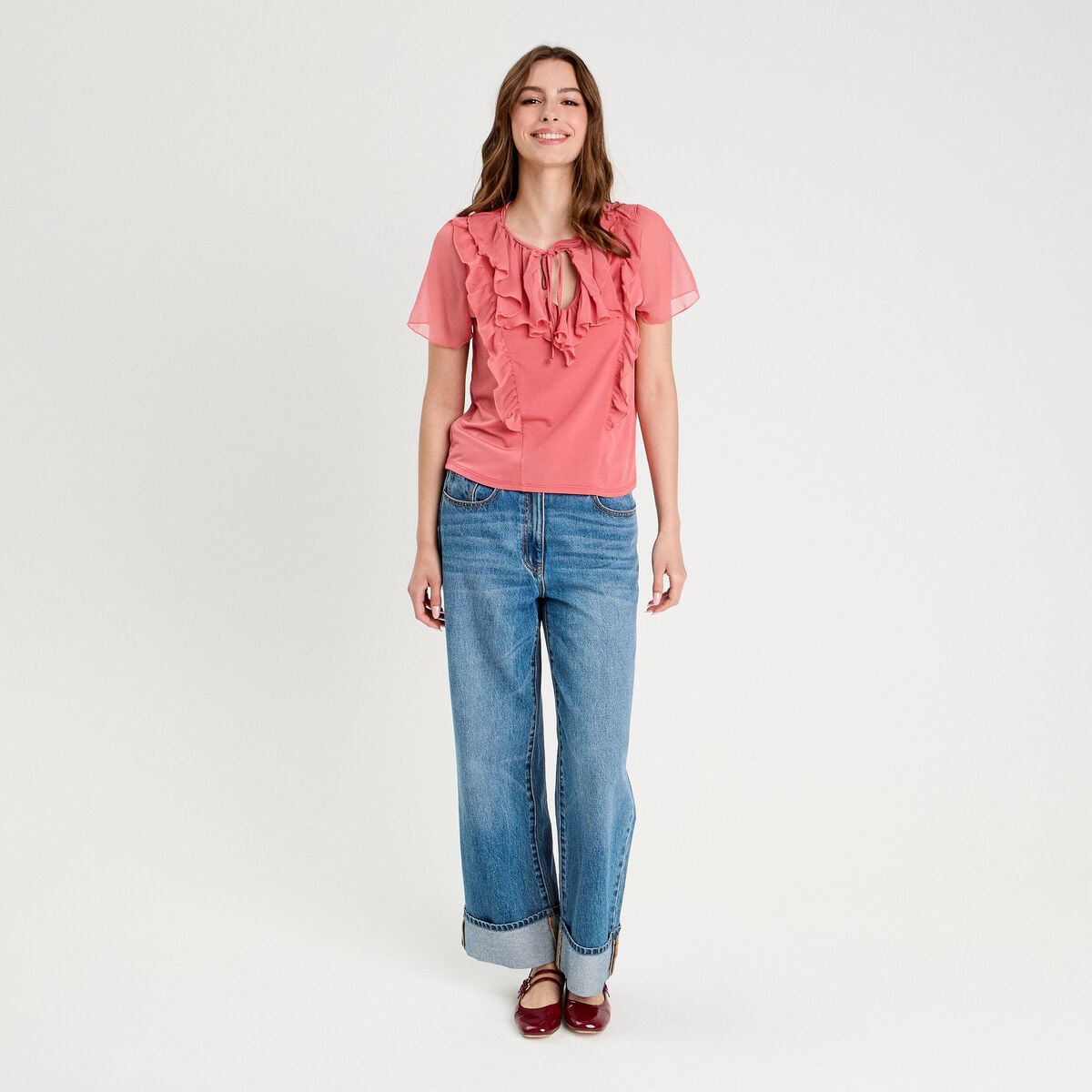 Blouse volants rose pastel femme