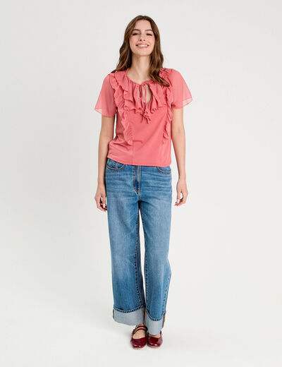 Blouse volants rose pastel femme