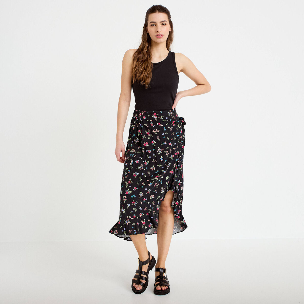Jupe longue portefeuille noir femme