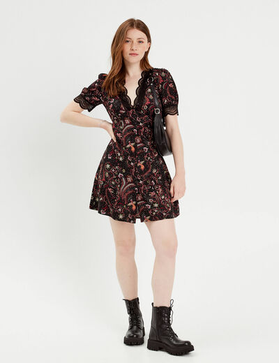 Robe évasée manches courtes noir femme
