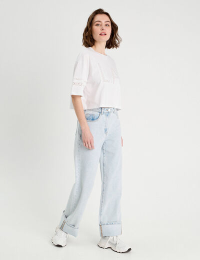 Jeans droit avec ourlets denim bleach femme
