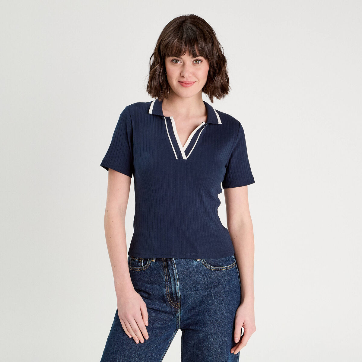 Polo côtelé manches courtes bleu marine femme