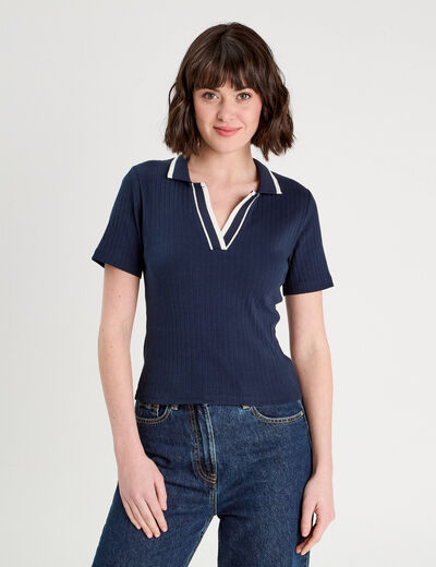 Polo côtelé manches courtes bleu marine femme