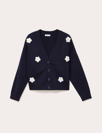 Gilet brod&eacute; col v bleu marine femme