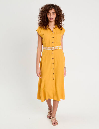 Robe chemise midi contenant du lin jaune citron femme