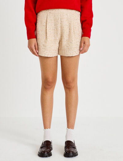 Short large taille haute en tweed ivoire femme