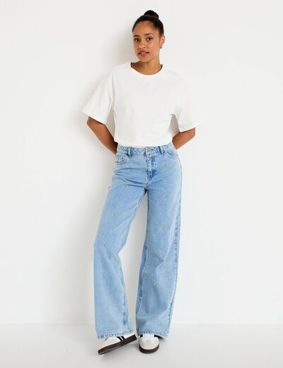 Jean wide leg broderie taille haute bleu femme