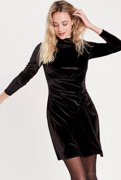 Robe moulante velours fronces noir femme