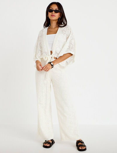 Pantalon large taille haute ecru femme