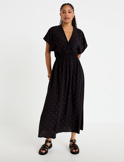 Robe &eacute;vas&eacute;e 3/4 col v manches courtes noir femme
