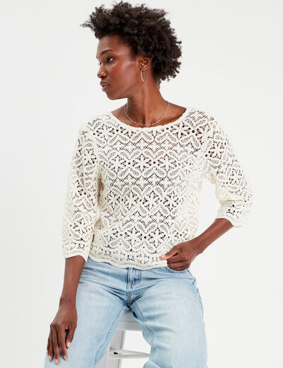 T-shirt manches 3/4 macramé ecru femme