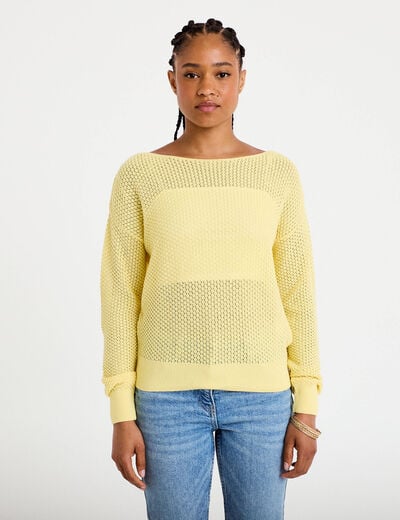 Pull ample ajour&eacute; manches longues jaune pastel femme