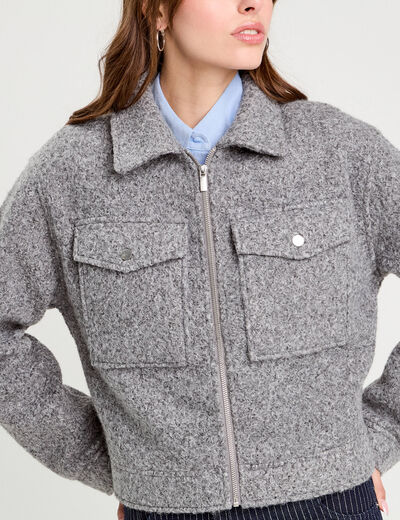Veste zippée bouclette gris clair femme